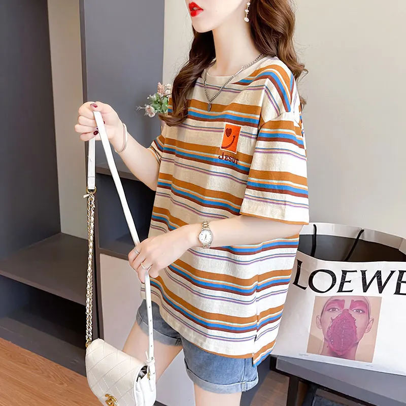 

Striped Pure Cotton Short Sleeve T-Shirt Women's Summer Loose Korean Style plus Size Women's Top Breathable Casual Wear