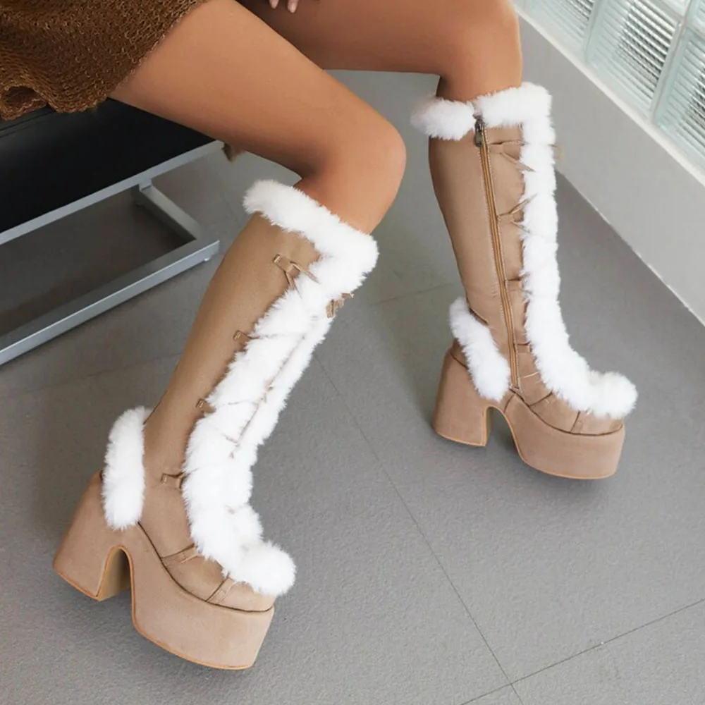 GIGIFOX Punk Fur Knee-High Boots Platform Chunky High Heels Shoes Side Zipper INS Fashion Street Snap Warm Autumn Winter Boots