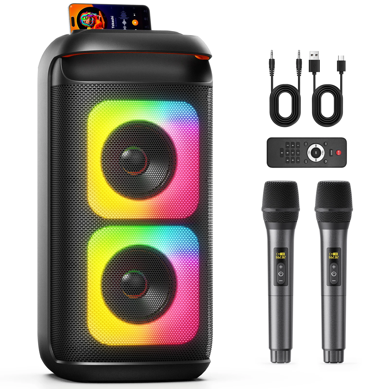 T37 Large Bluetooth Speaker, Karaoke Machine with Two Microphones, USB, TF Card, Recording, TWS, Reverb Karaoke Speaker