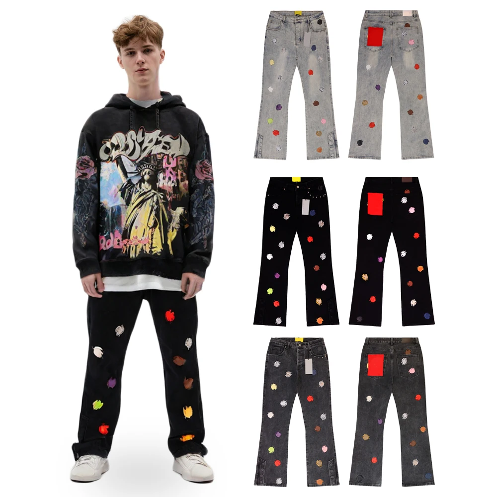 

Hiphop Street Style Baggy Jeans with Color Embroidery Streetwear Clothing Men Retro Cotton Distressed Ripped Rock Revivals Jeans