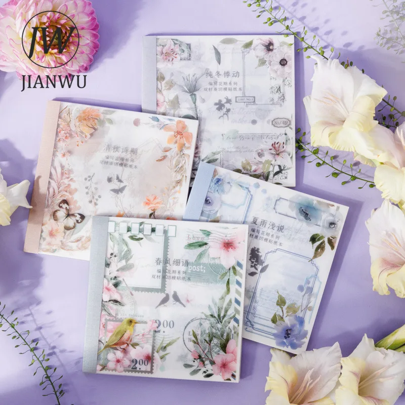 JIANWU 20 Sheets Programmed Flowering Series Literary Flower Cut Film Sticker Book Creative DIY Journal Collage Decor Stationery