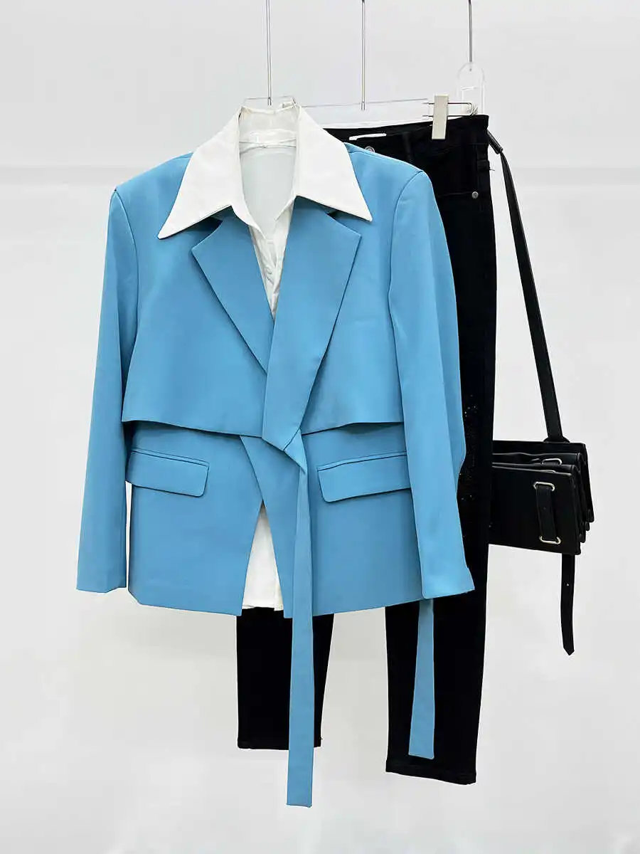 

Fall 2024 Men's Faionable Tuxedo Jaet Design Patchwork Belt High-End Casual Suit Youth ular Loose Fit Long Sve Sing...