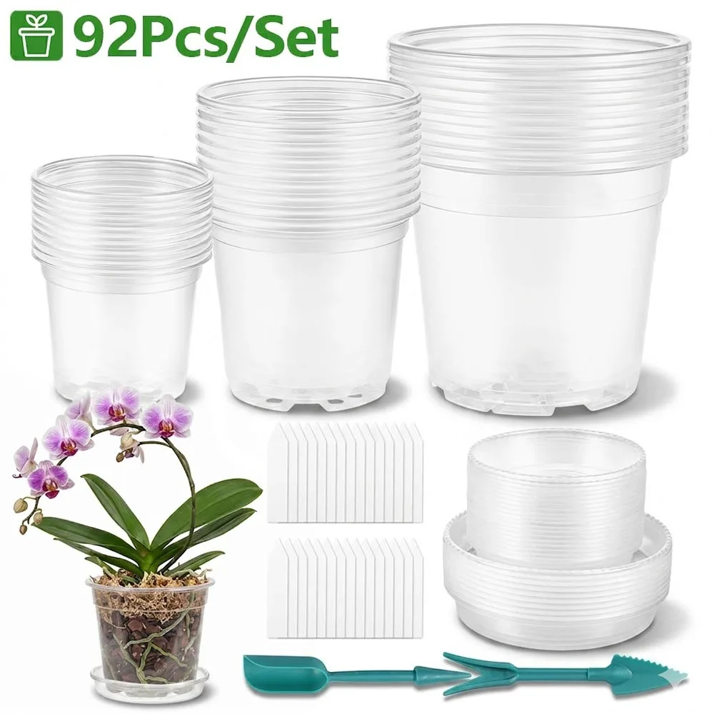 

92Pcs/Set Clear Nursery Pot 10/13/18 cm Plastic Transparent Seedling Flower Pot with Tray Label and Tool Garden Seed Starter Pot