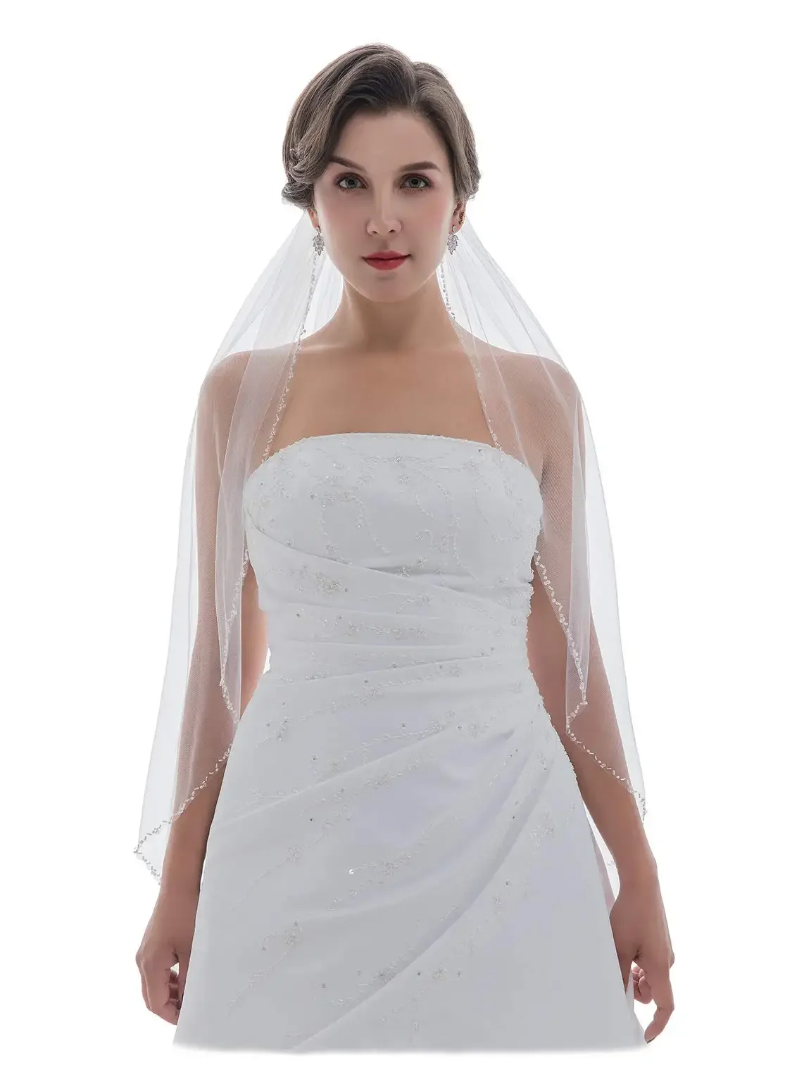 1T 1 Tier Pearls Crystals Beaded Wedding Veil 2024