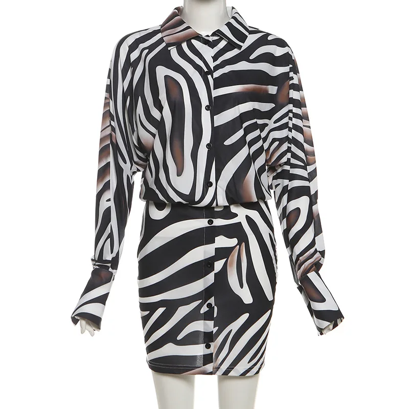 Zebra Striped Print Mini Shirt Dress Women Fashion Turn Down Collar Long Sleeve Single Breasted Bodycon Casual Dresses Clubwear