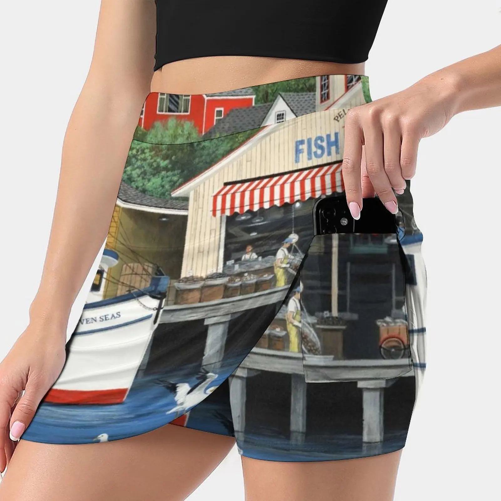 

Pelican Bay Women's skirt Y2K Summer Clothes 2022 Kpop Style Trouser Skirt With Pocket Seascape Americana Folk Art Pelican