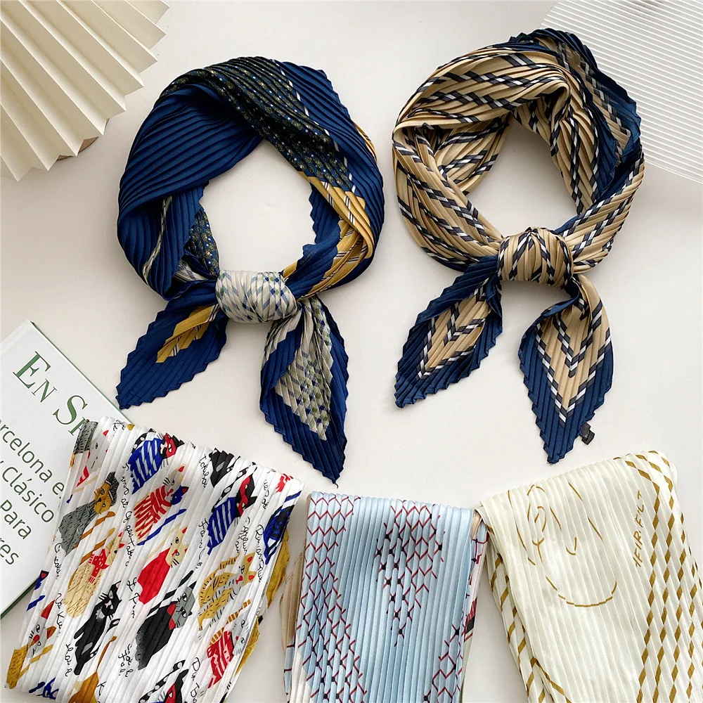 Striped Crinkle Scarf Women Pleated Bandana Shawl 70*70cm Fashion Print Small Neck Scarves Office Lady Neckerchief Accessories