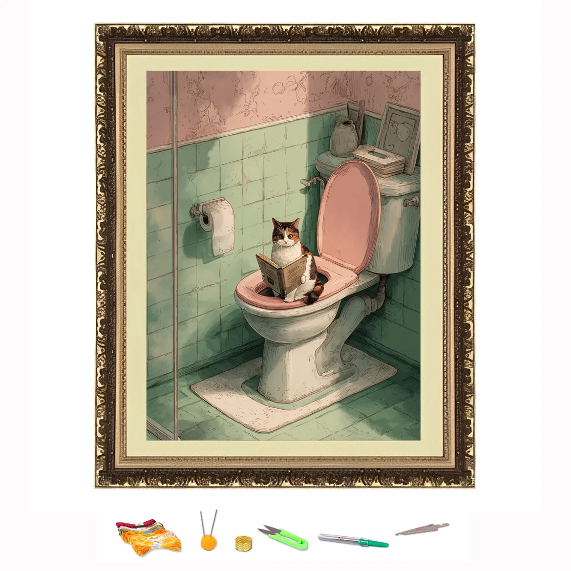 

Вышивка крестиком, кошка читает книгу при корточках на туалете, набор для рукоделия «сделай сам», украшает напечатан на Canva 11CT