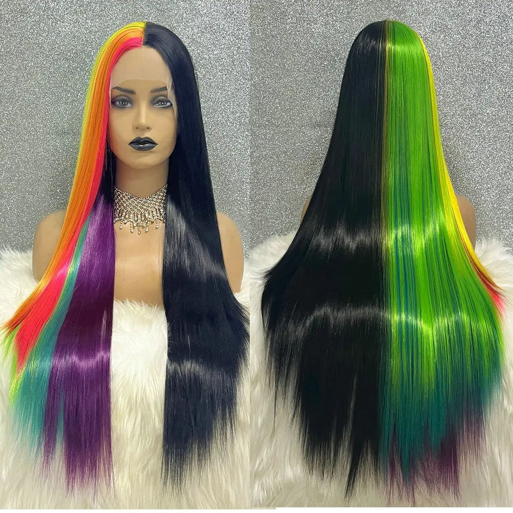 Half Black Half Rainbow Color 28 Inch Glueless 13x3.5 Synthetic Lace Front Preplucked Drag Queen Cosplay Wigs With Baby Hair