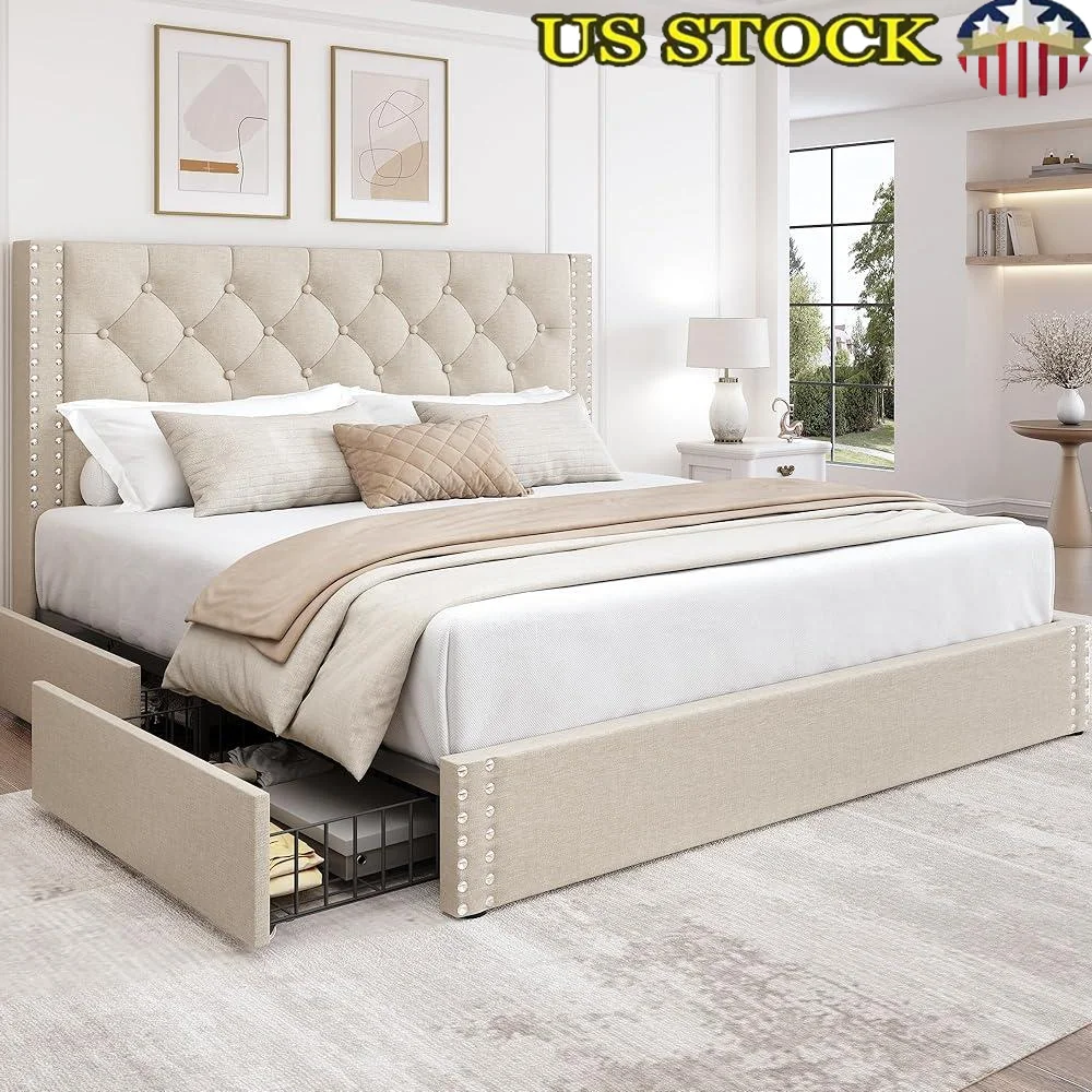 Letto queen size con struttura portaoggetti, testiera capitonnè, letto con piattaforma imbottita in lino con cassetti, doghe in legno, supporto facile da montare
