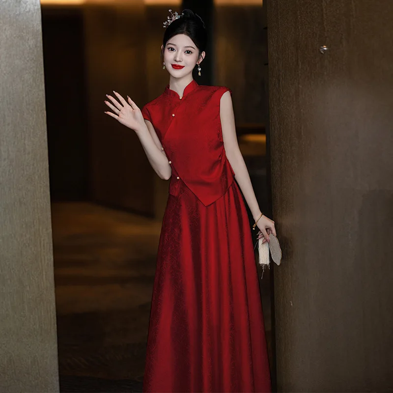 

Wine Red Bridal Toast Dress 2025 New Engagement Dress New Chinese Cheongsam Improved Dress Set