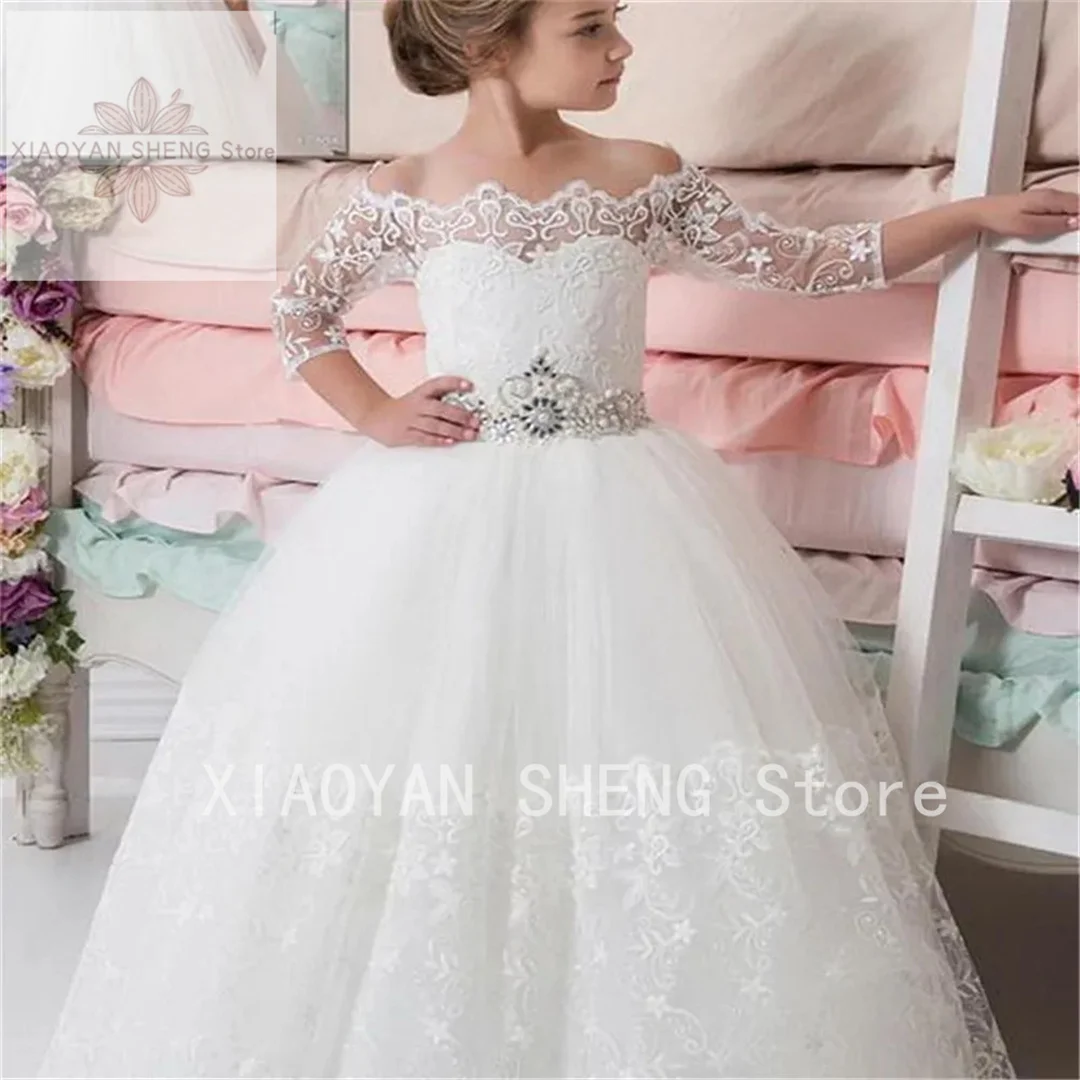 

Lace Flower Girl Dresses Beading Sash Ball Gown Pageant Party Dresses Children's First Communion Dresses For Wedding