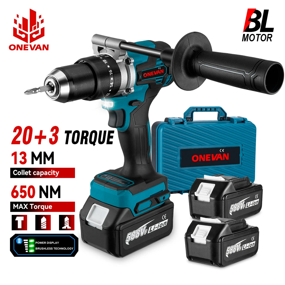 ONEVAN 1500W Brushless Electric Impact Drill 650NM Cordless Screwdriver Plates Soil Wood Working Tool For makita 18v battery