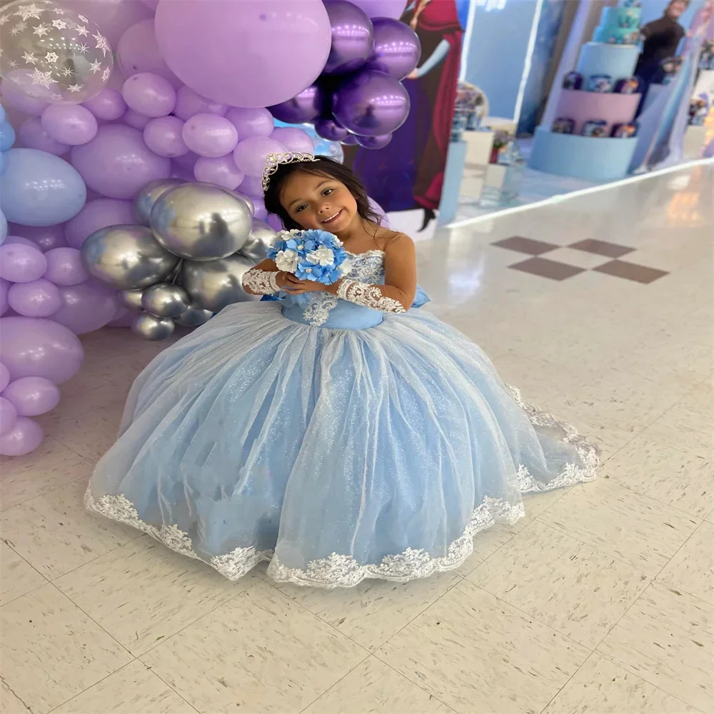 Голубые платья с цветочным узором для девочек по индивидуальному заказу на свадьбу, белые аппликации с длинными рукавами, милое бальное платье для маленькой девочки на день рождения