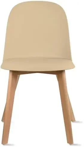 Modern Armless Dining Chair | Plastic Shell Seat with Wooden Legs | Indoor or Outdoor Use | Home Kitchen Patio, Beige