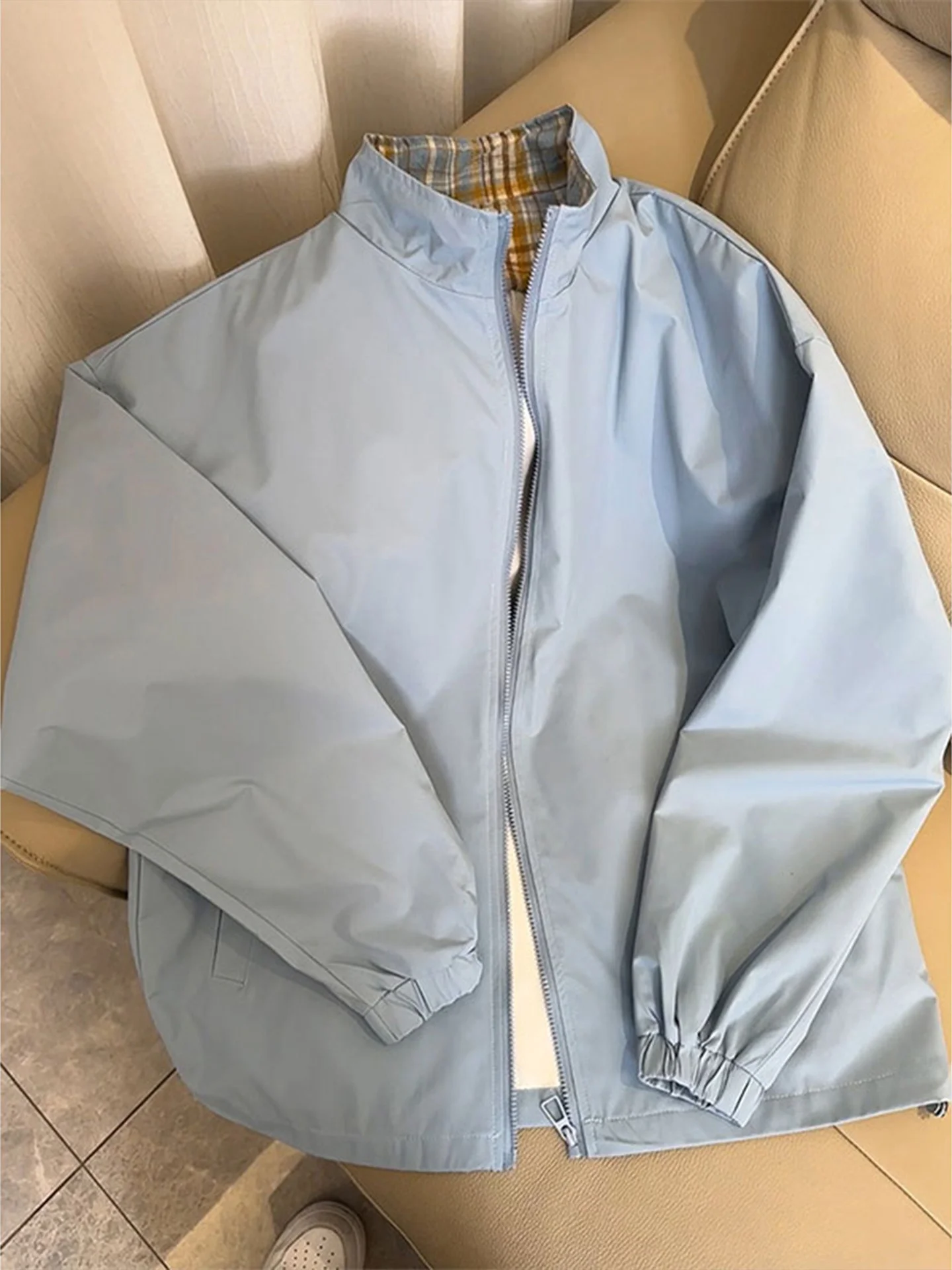 Loose Fit Pilot Jacket Men's Blue Plaid  Baseball Style Casual Short Coat Open Collar Splicing Design Youth Trend