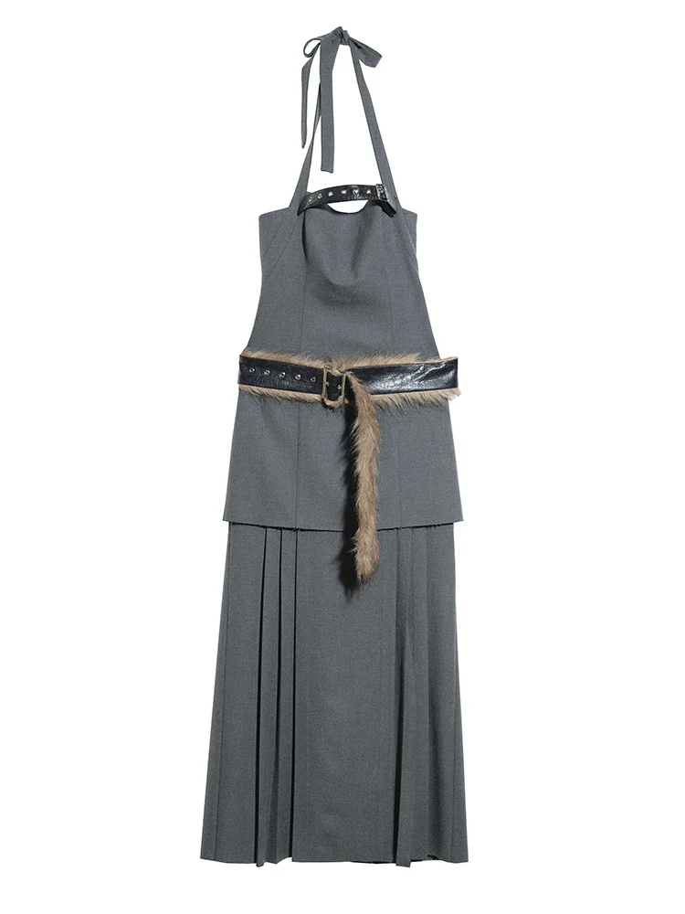 [EAM] Women Geay Leather Hem Pleated Wool Belt Long Elegant Dress New Halter Sleeveless Fashion Tide Spring Autumn 2024 1DH7227