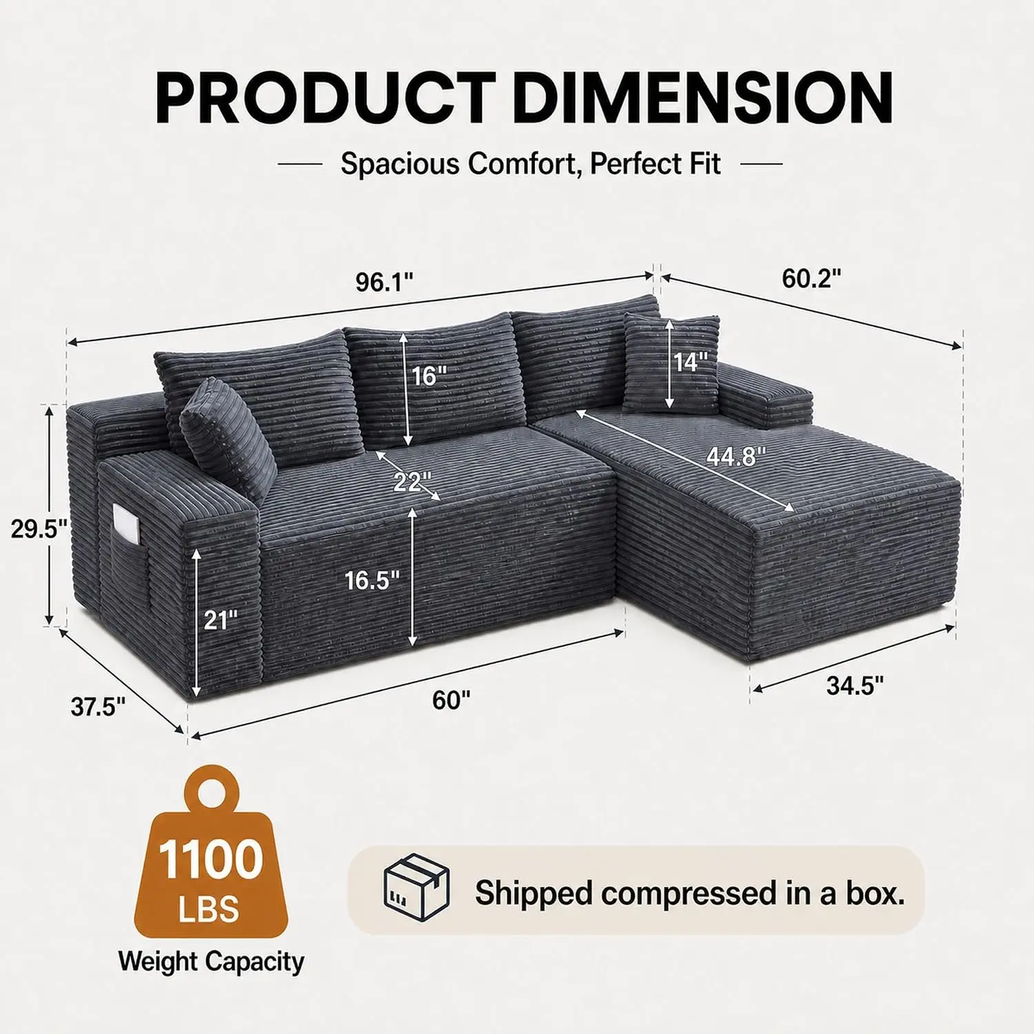 L-Shaped Modular Cloud Sectional Sofa Boneless Right Gray 96.1
