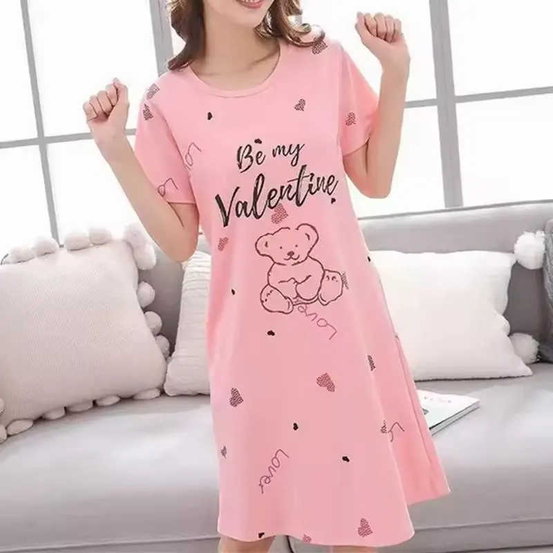 Women Nightwear Nightdress Print Loose Large Size Summer Cropped Dress Sexy Ladies Sleep Shirt Girl Sleepwear