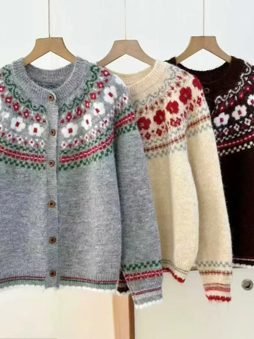 Retro koreański sweter-płaszcz damski z dzianiny, okrągły dekolt, wzór Fair Isle, zapinany na jeden guzik, dzianinowy kardigan zapobiegający starzeniu, jesień-zima N...