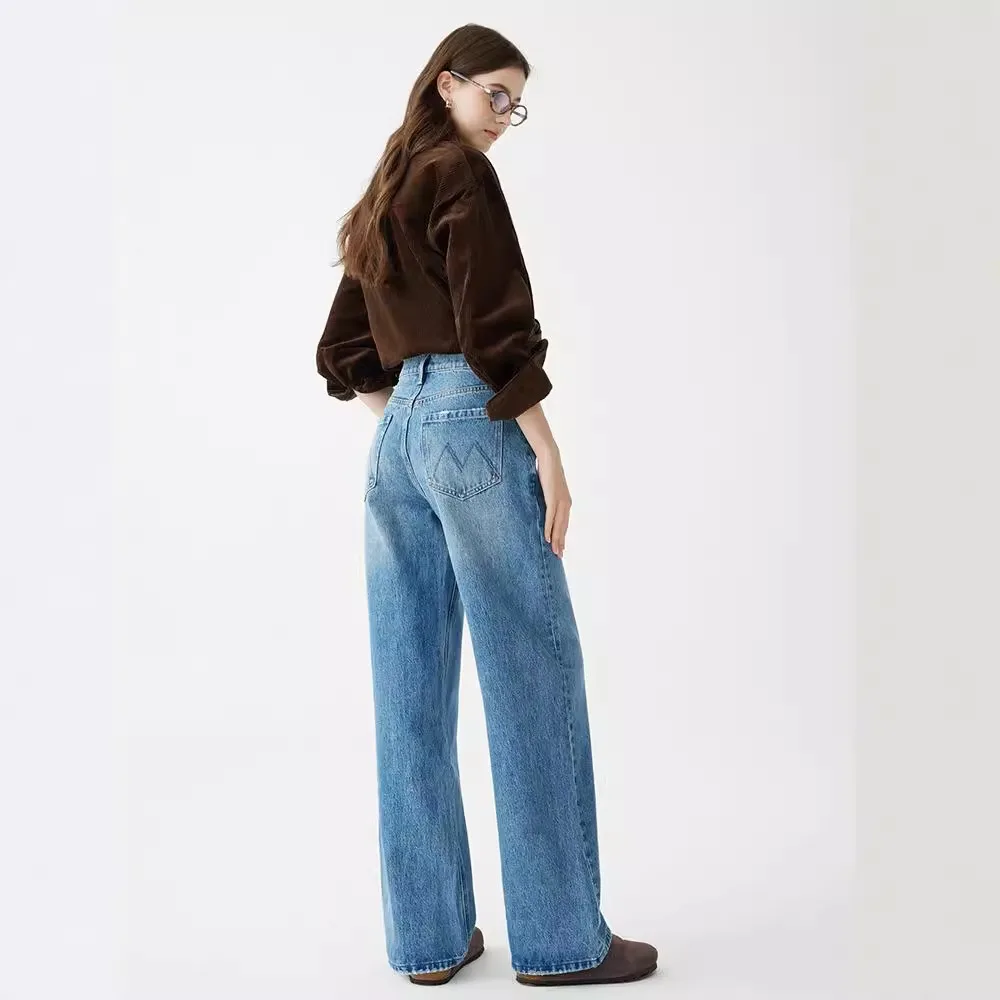 Pantalon large en denim bleu pour femme, pantalon à jambe droite, nouveau, 2024