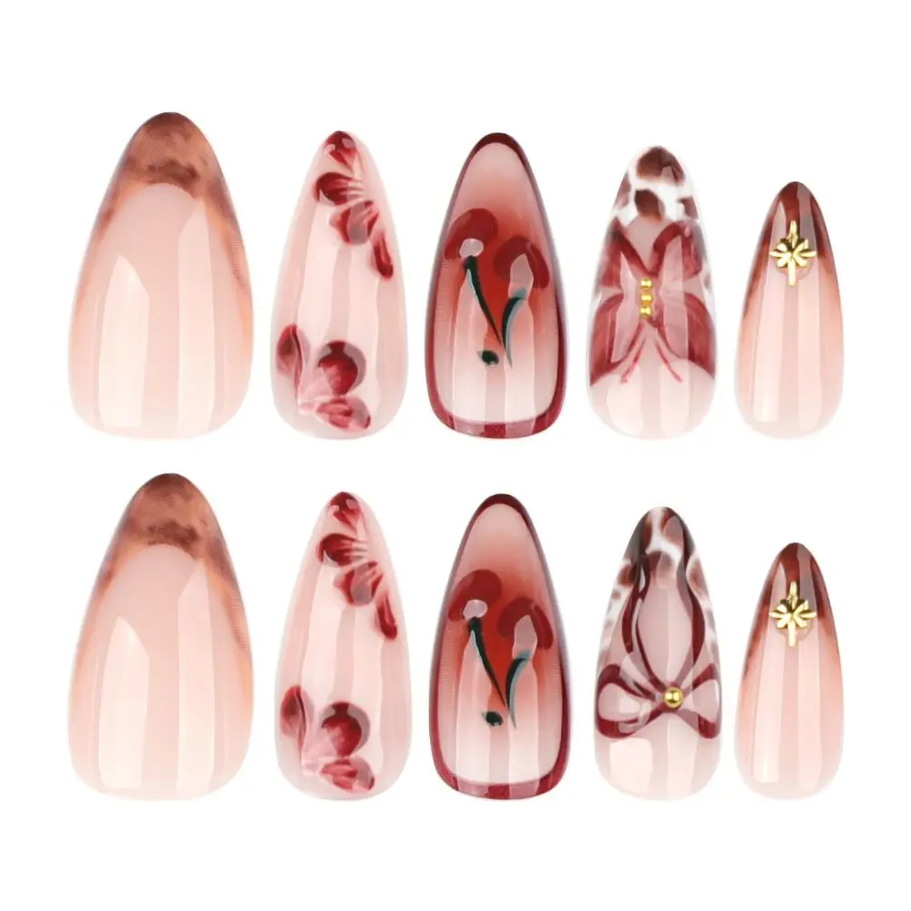 24pcs Manicure Long Almond False Nails French White Edge Fake Nails Detachable Aurora Flower Press on Nails DIY