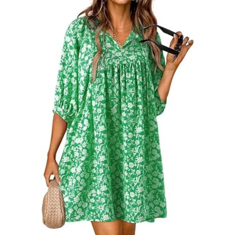 Dresses Summer 2024 Woman New Floral Print Three Quarter Sleeves V-neck Casual Loose Commuting High Waist Vestidos Spring Summer