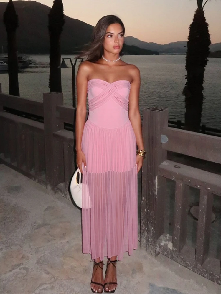 Sisterlinda Draped Patchwork Maxi Dress Classic Mesh Sheer Cross Strapless Skinny Vestidos Female Elegant Sweet Fetisval Frock