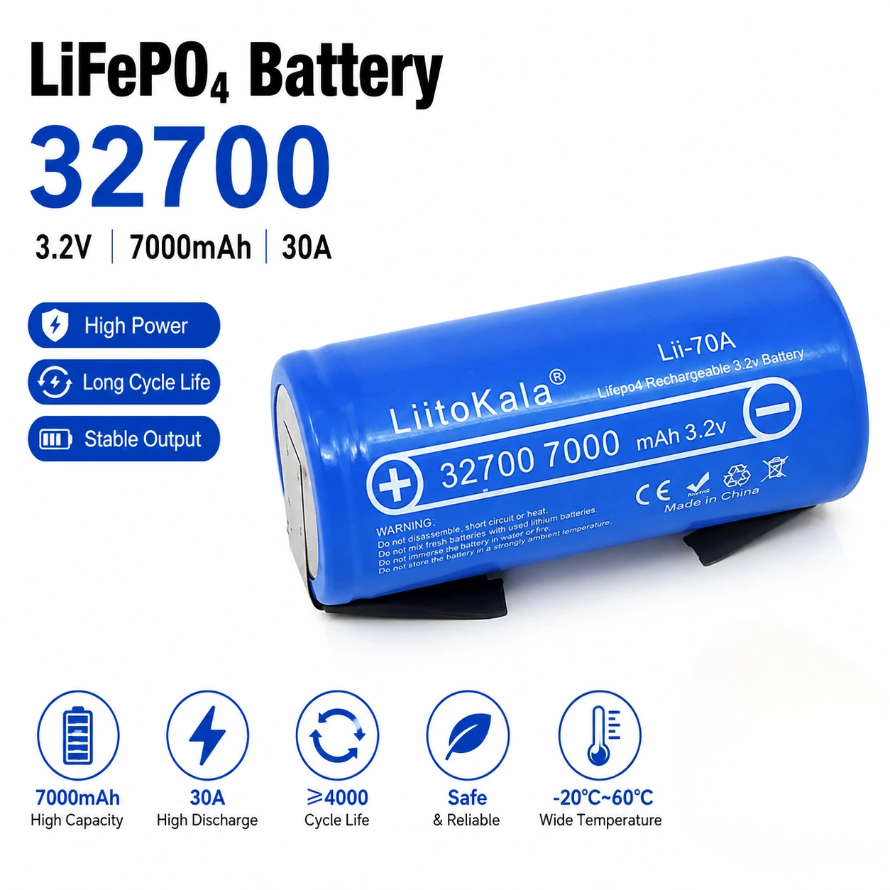 3.2V 32700 LiFePO4 Battery 7000mAh High Power Rechargeable Lithium Battery Cell with Nickel Sheets for E-Bike Electrical Tools