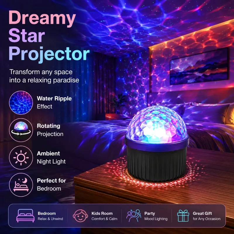 Water Wave Projector Lamp Star Moon Night Light Rotating Ocean Galaxy LED Mood Lamp for Bedroom Kids Party Home Projector Lamp
