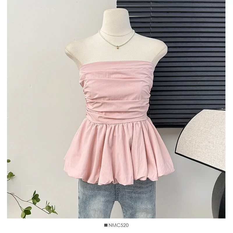 

2025 French One Shoulder Pleated Slim Tube Top Women Sexy Waist Ruffled Sleeveless Vests Summer Y2k Solid All Match Tanks