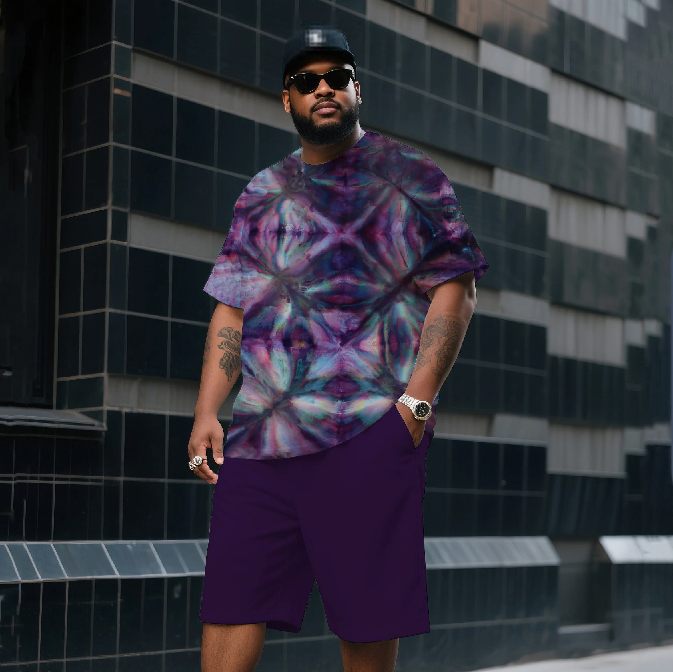 Men's Plus Size 2 Piece Purple Blue Tie-Dye Look T-Shirt and Purple Shorts Set, Casual Wear for Summer Holiday Trips, S-9XL