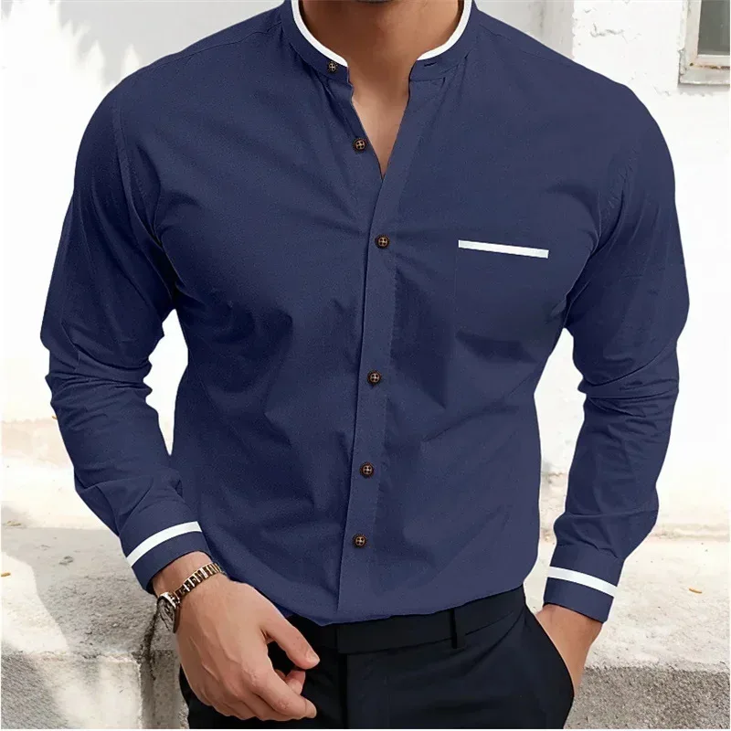 Men's Stand Collar Button Long Sleeve Shirt Korean Fashion Loose Solid Comfortable Non-ironing Shirts And Blouses