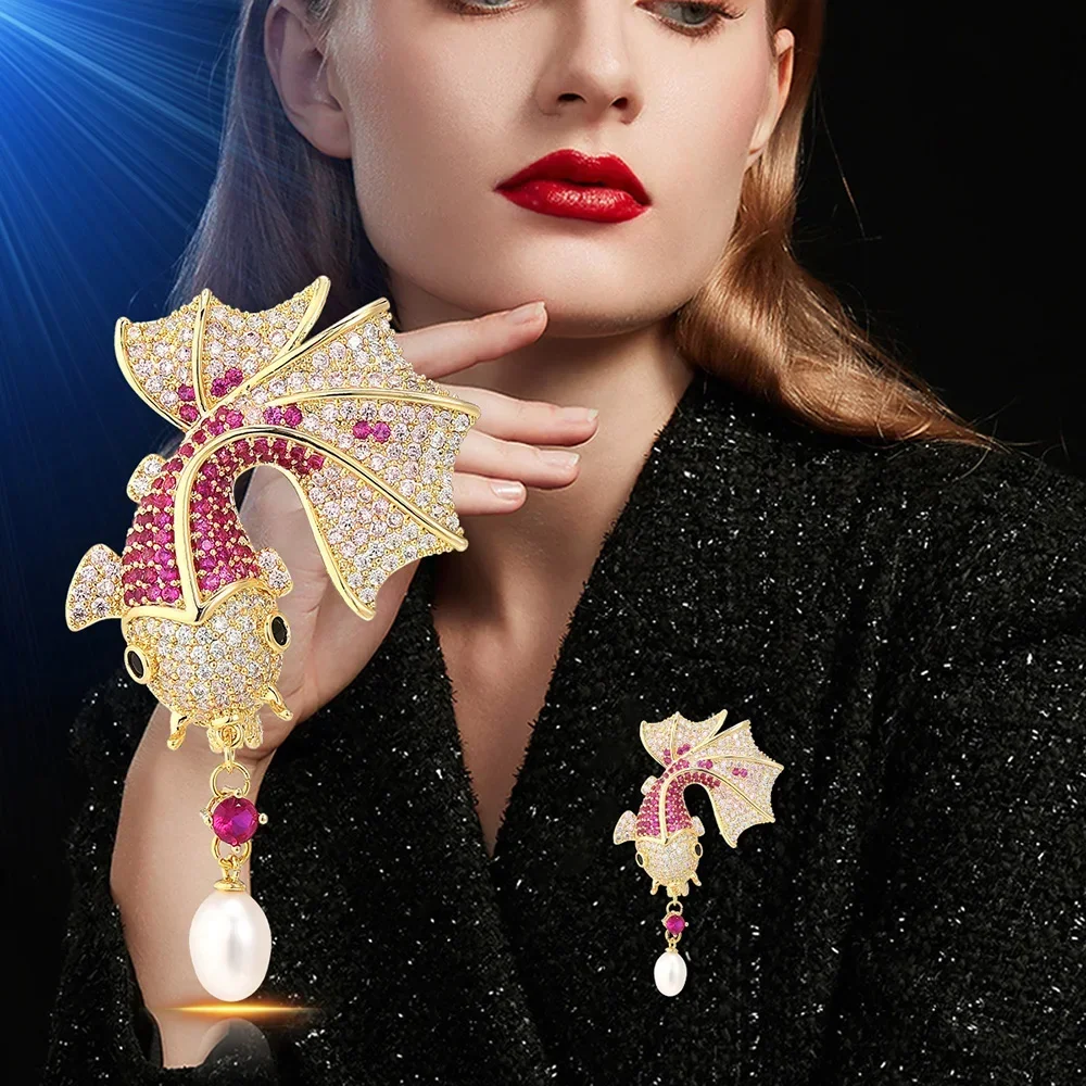Classic Koi Fish Rhinestone Brooch for Women Unisex Vintage Carp Animal Brooches Fixed Clothes Pin Birthday Party Jewelry