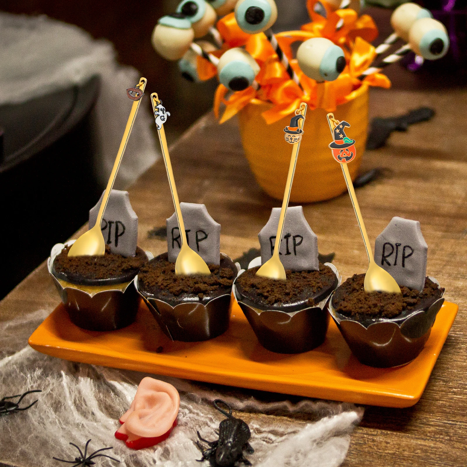 

4Pcs Halloween Pendant Stainless Steel Coffee Dessert Spoons Creative Design Comfortable Handle for Tea Cake Ice Cream