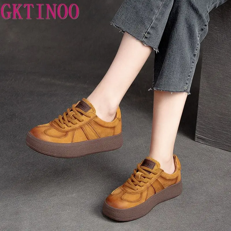 GKTINOO 2024 Autumn New Retro Lace-up Flat Platform Shoes Genuine Leather Sneakers Thick Soled Round Toe Casual Women's Shoes