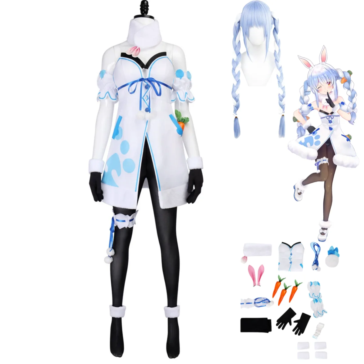

VTuber Virtual YouTuber Usada Pekora Cosplay Costume Hololive White Dress Panty Hose Uniform Wig Woman Sexy Christmas Suit