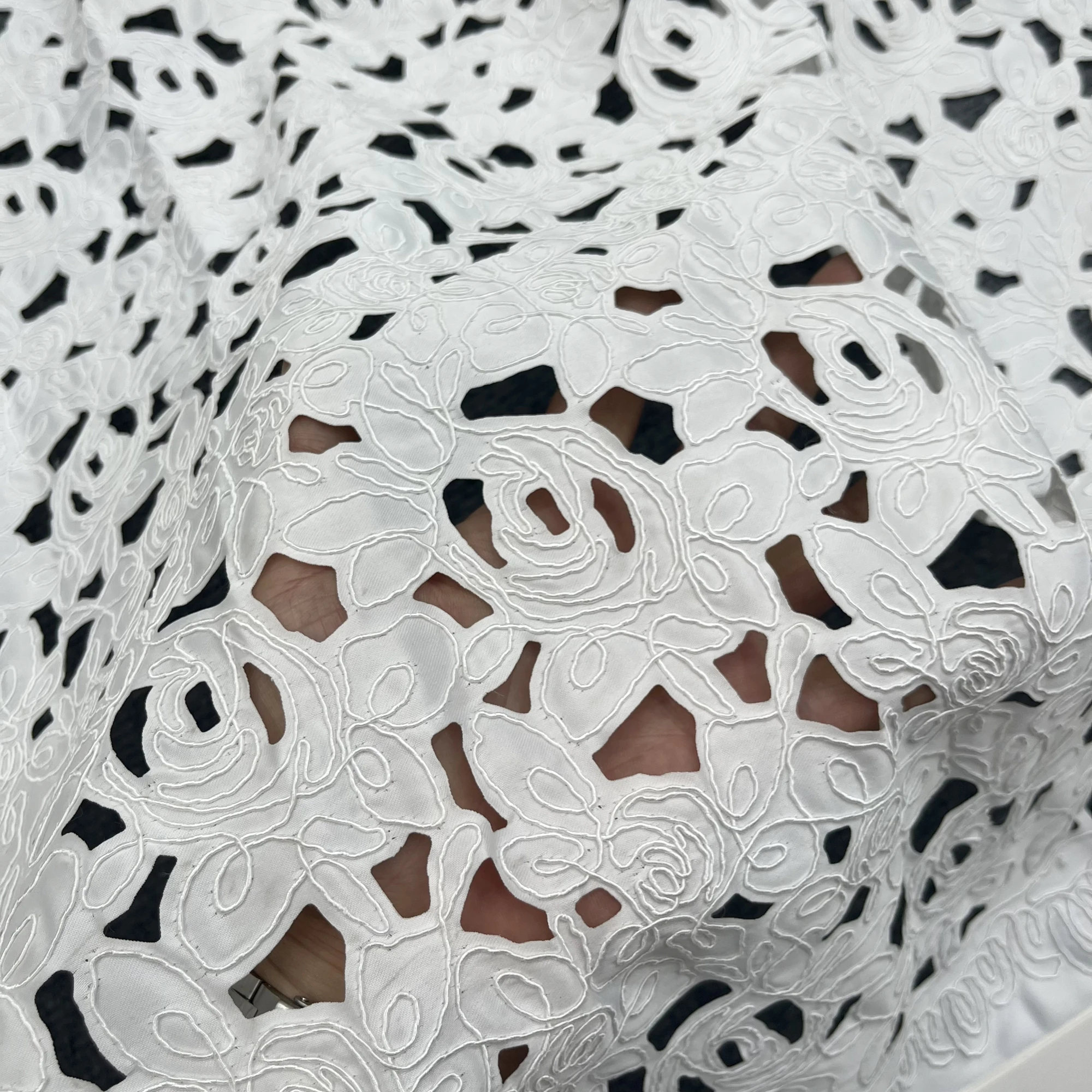 Simple Cut-Out Design  Satin Lace Embroidery  Wedding Dress Design Fabric, Designer Clothing Fabric