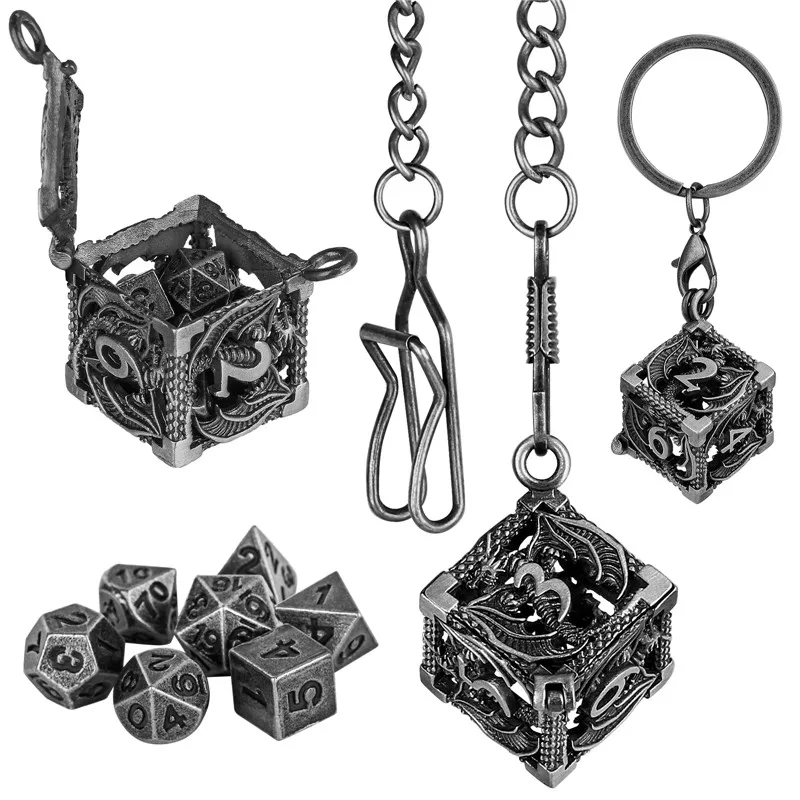 Creative 7pcs Metal Polyhedral Dice Set with Small Portable Keychain Hollow D6 Metal Case Table Role Play Gaming Accessory Gift