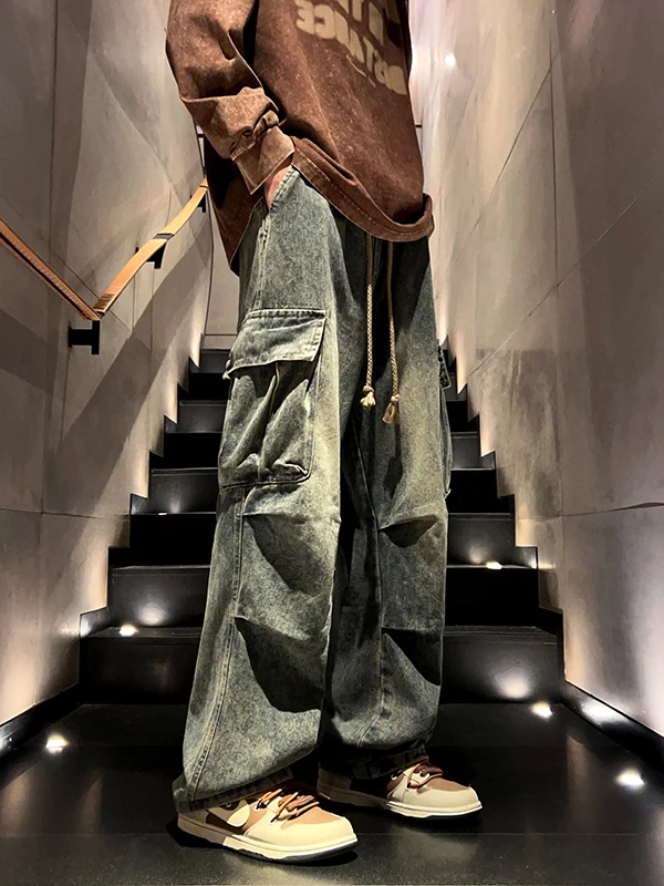 

Мужские зимние джинсы в американском ретро-стиле, утепленные флисом, повседневные, прямого кроя, свободные, широкие брюки с большими карманами