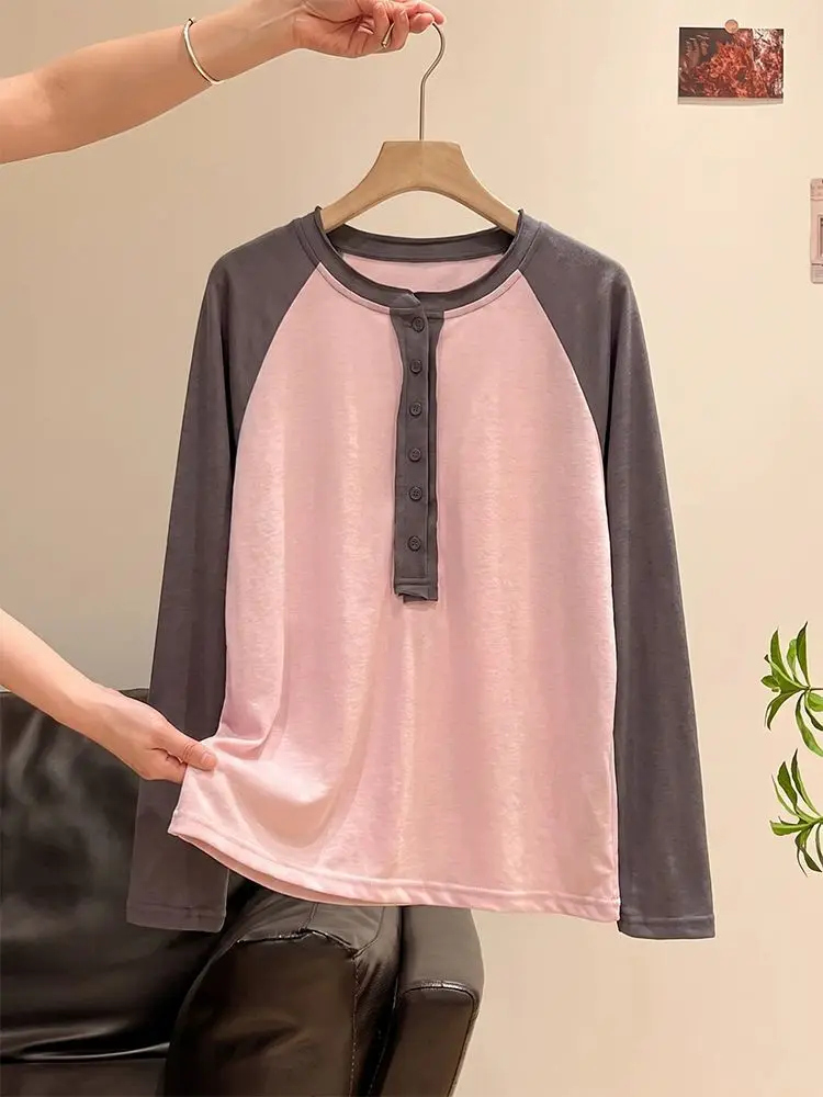 Kimutomo 2026 Autumn New Korean Minimalist Relaxed Lazy Contrast Raglan Henley Long Sleeve T-Shirt Women Loose Casual Top
