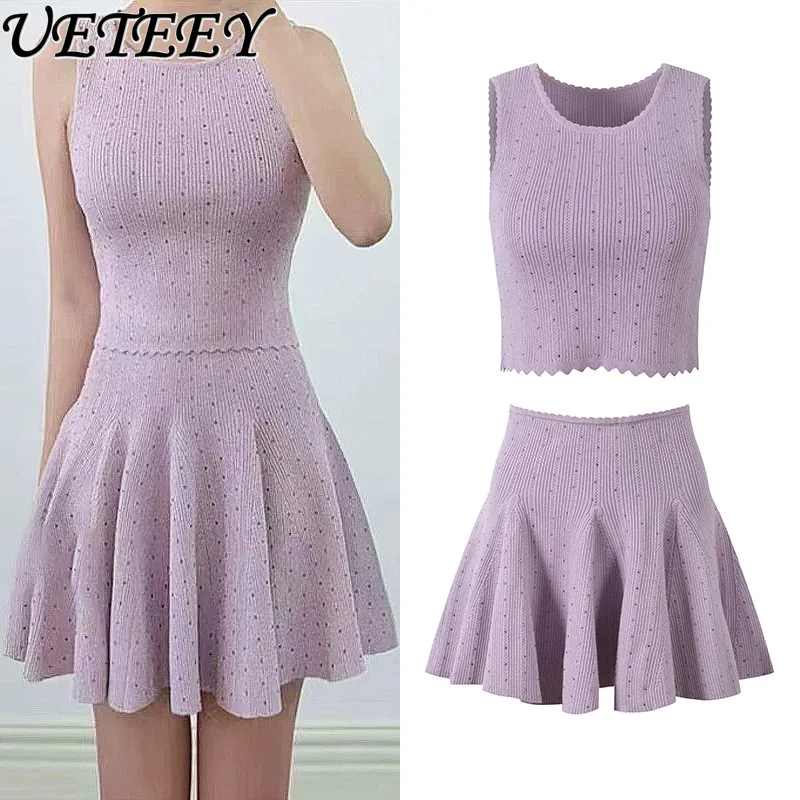 

2026 Spring Summer New Heavy Industry Hot Diamond Elegant Fashion Slimming Purple Knitting Vest and High Waist A-line Skirt Suit