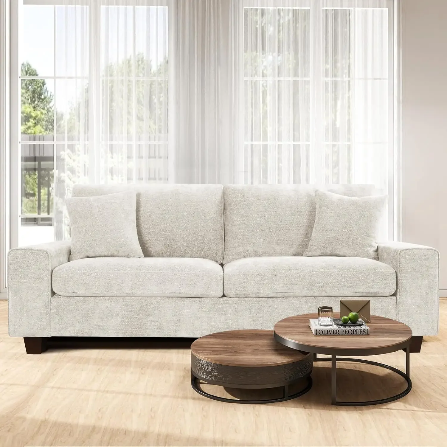 Chenille Sofa Couches for Living Room, 2 Seater Sofa with 2 Pillows, Small Modern Loveseat Couch for Small Spaces, Office (Beige