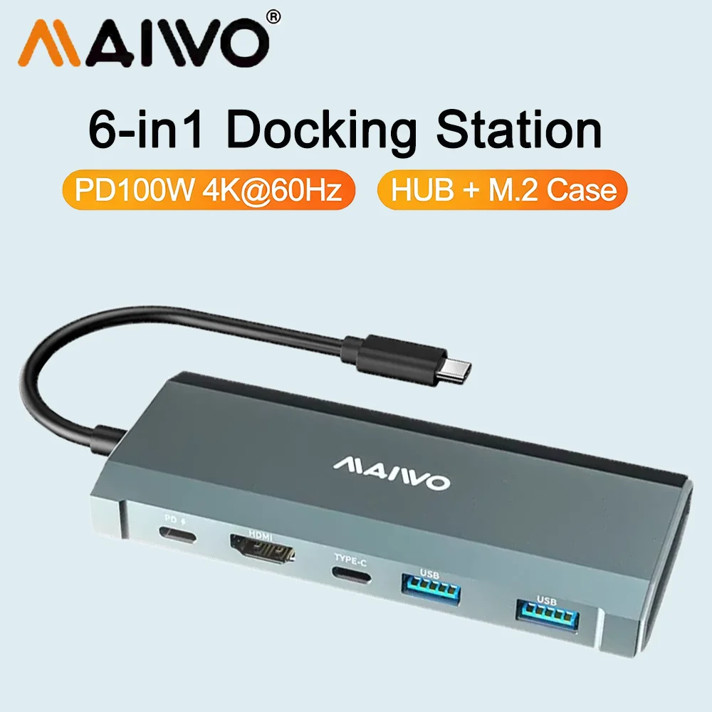 MAIWO 6-in-1 USB C M.2 NVME SATA デュアルプロトコル ハードドライブ エンクロージャ ドック 外付けSSD 工具不要ケース Type-C ハブアダプター
