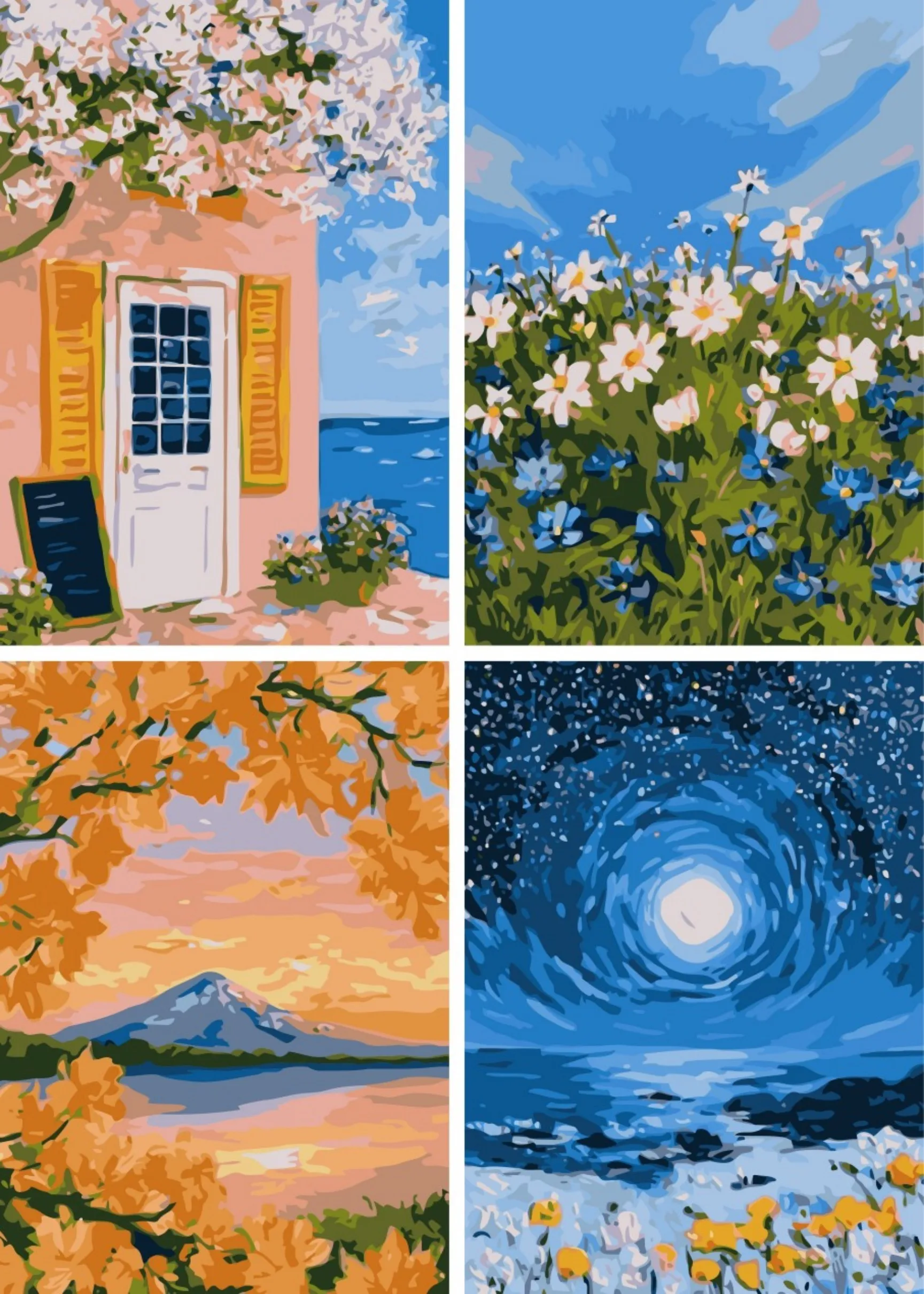 4 pieces of DIY coloring paintings Seaside & Mountain Scenery Set suitable for home wall decoration