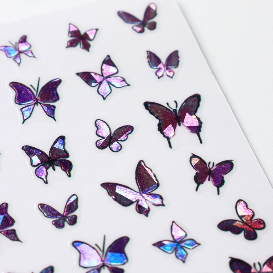 2 stuks 3D zelfklevende holografische laser glitter vlinder nagelstickers paarse vlinder ontwerp nagelstickers voor doe-het-zelf manicure