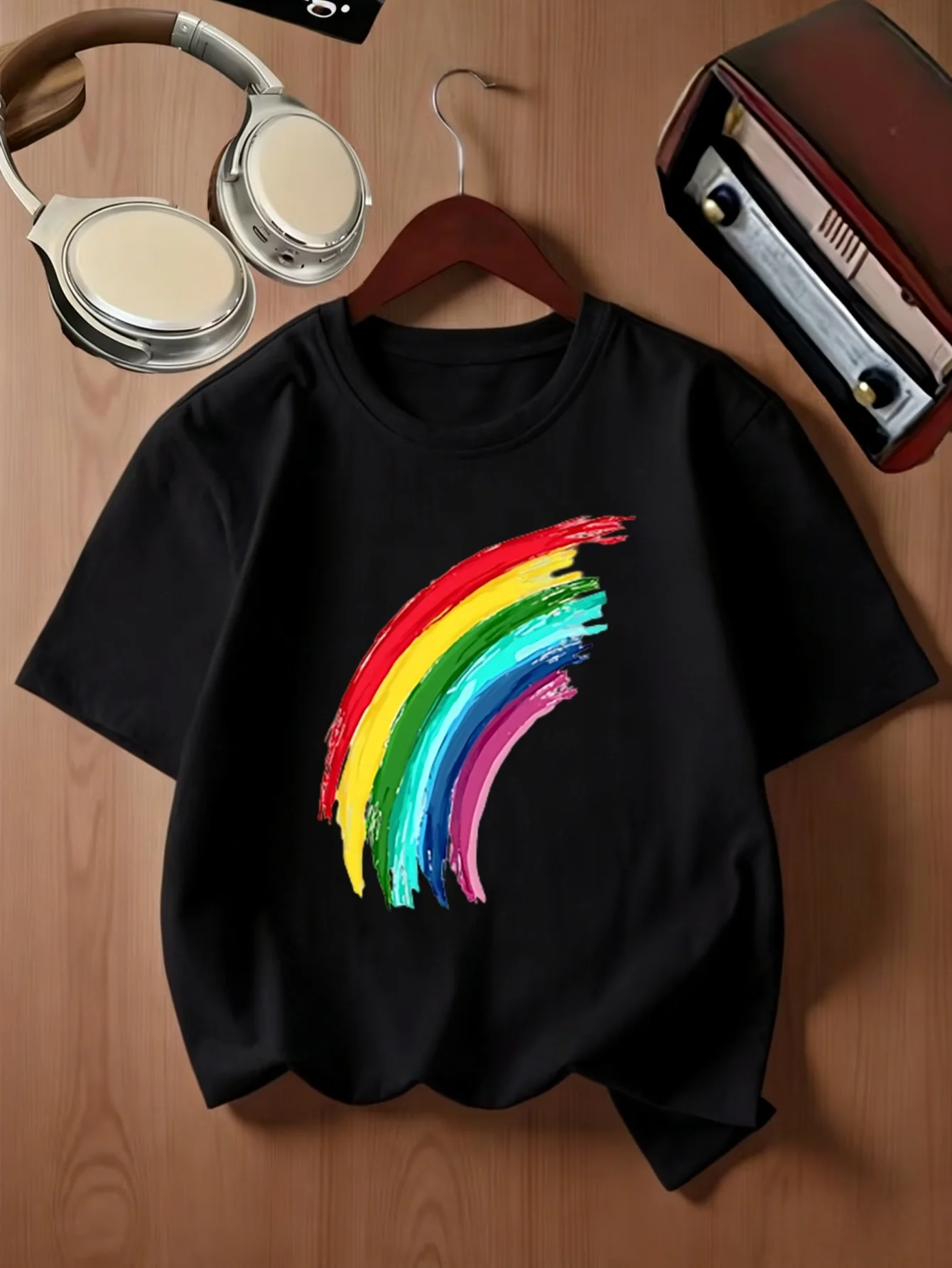 Hand Painted Vibrant Rainbow Curved Stripes Creative Print Kids T Shirt Boys Girls Family Matching Summer Crew Neck Casual Tee