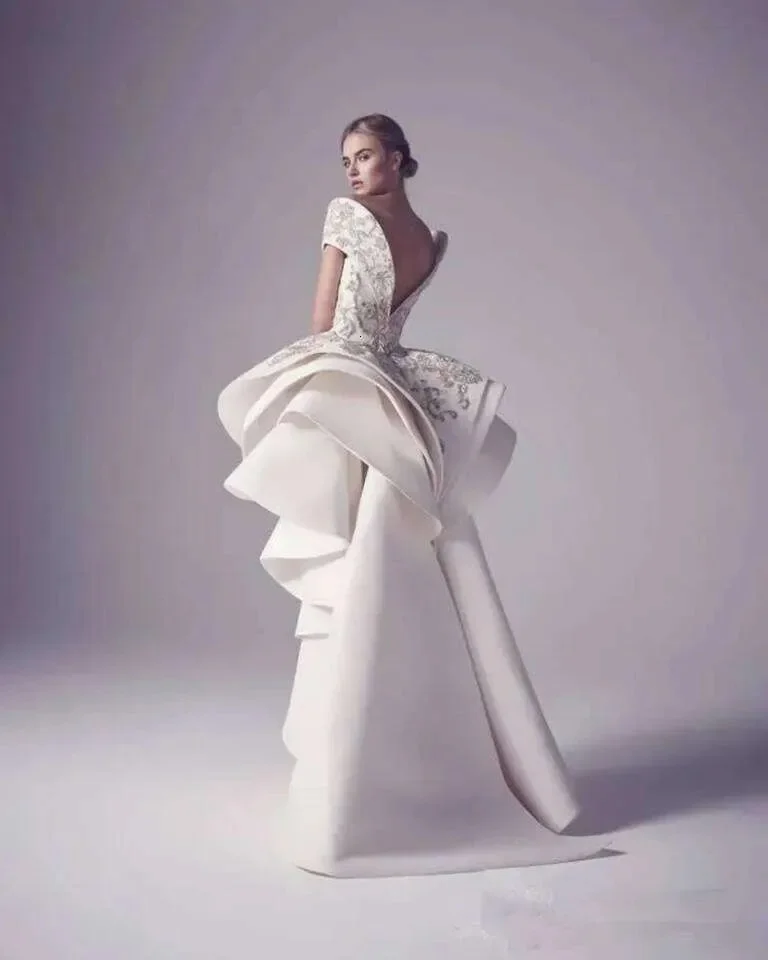 Ashi Studio Style Haute Couture Wedding Dress V Neck Short Sleeve Heavy Embroidery High Low Gown 3D Layered Ruffle Satin Train E