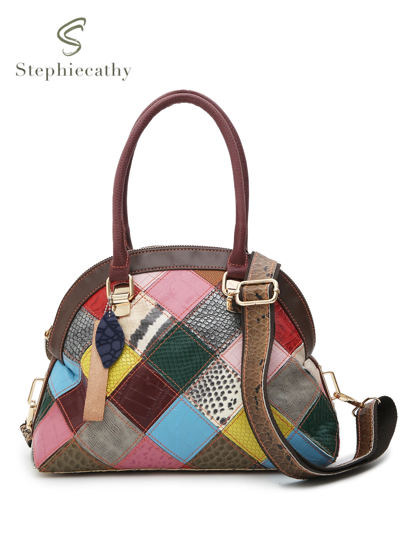 SC Unique Design Women Genuine Leather Top-handle Bags Random Color Lamb Skin Patchwork Shell Handbags Cross Body Shoulder Purse