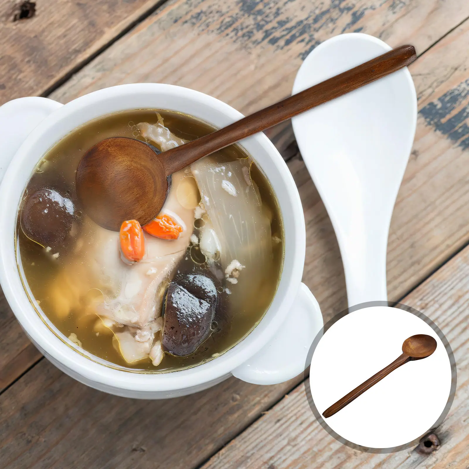 Cucharas largas de madera natural para sopa, 2 piezas, para sopa asiática, arroz con leche, antiadherentes, para cocinar y remover en la cocina